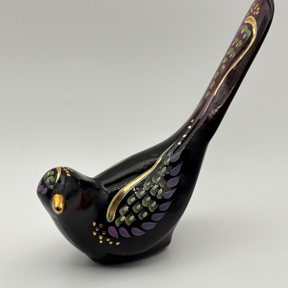 Fenton Aubergine Glass Long Tail Bird Figurine Hand Painted Signed D Anderson